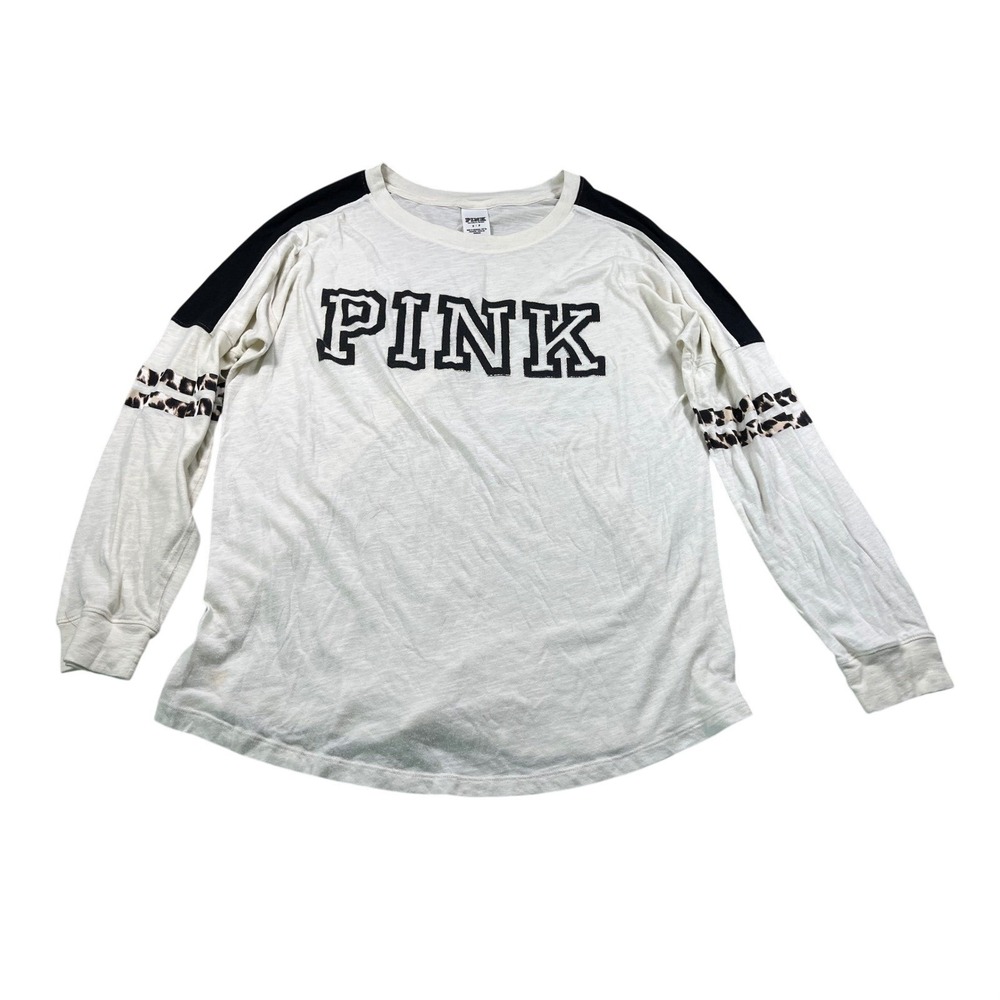 PINK Victoria's Secret Long Sleeve Graphic Tee Small White Leopard Varsity Top